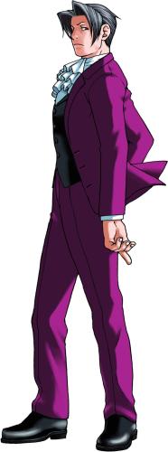 Full profile of Miles Edgeworth, who is facing to the left, looking toward the audience with a cool expression