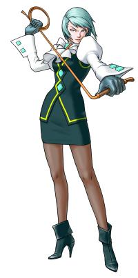 Franziska von Karma smirking and stretching her whip at an angle