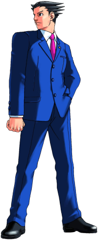 Full profile of Phoenix Wright, who is looking to his right with a serious expression with his left hand in his pocket