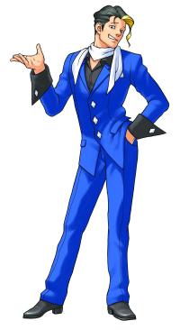 Richard Wellington with smug expression, his left hand in his pocket, and his right hand held up in the air